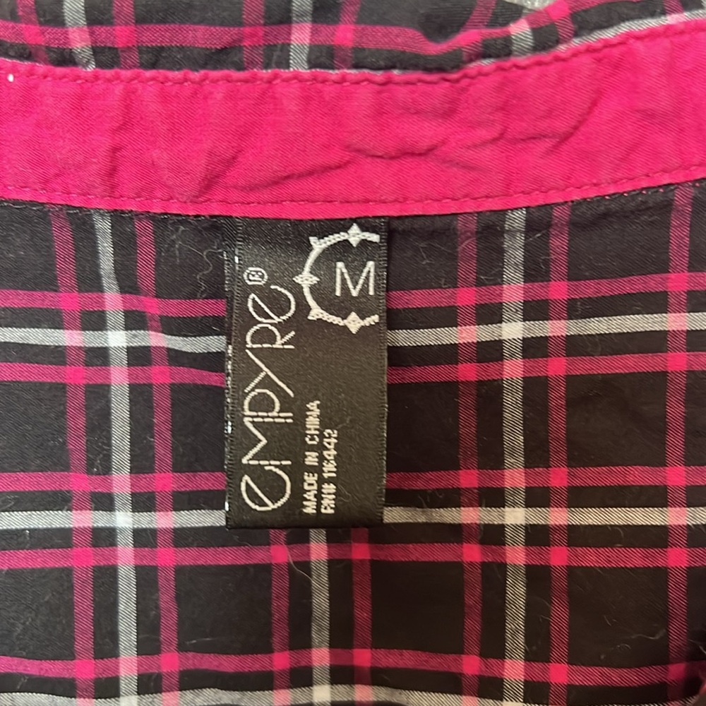 Fun Pink and Black Plaid Empire Button Down Short Sleeve Shirt - Picture 6 of 7